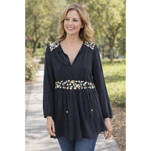 TORY BURCH Black Crepe Multi-Color Floral Embroidery Tie Collar Tassels Shirt